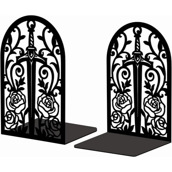 Metal Bookends for Shelves, Modern Decorative Heavy Duty Study Book Support Stoppers for Office, Desk, Shelf, Room 5.3"x4.3"x7.9" Cast Iron Tall Bookends, 1 Pair (Sword with Vine and Rose)