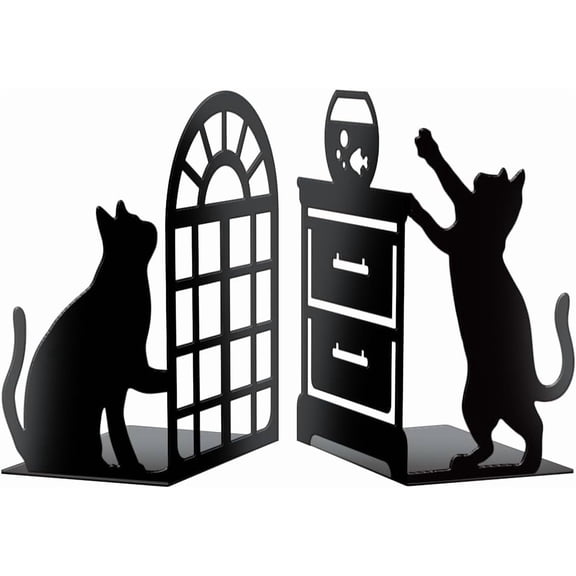 Metal Bookends for Shelves Modern Decorative Heavy Duty Study Book Support Stoppers for Office Desk Shelf Room 5.5"x4.3"x8.3" Cast Iron Simple Tall Bookends 1 Pair (cat) Metal Black