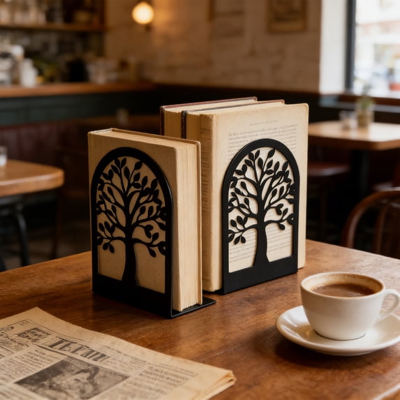 Metal Bookends Tree Design 2 Pack, Decorative Black Book Ends for Shelves, Heavy Duty L-Shaped Steel Book Holder, Non-Slip Pads, Home Office Library