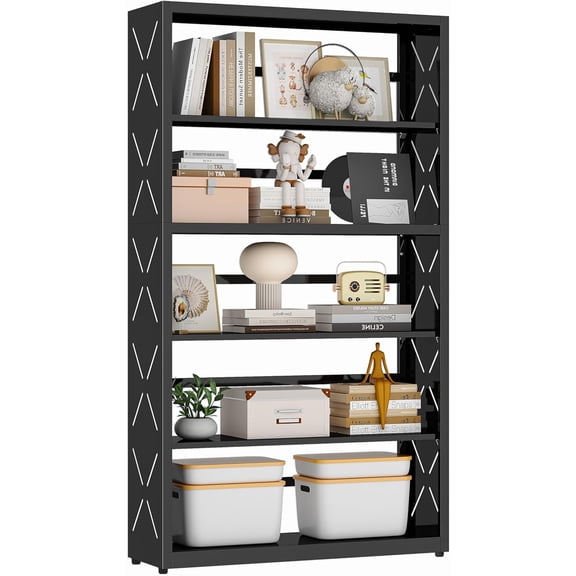 Metal Bookshelf, 5 Tier Wide Bookcase with Adjustable Shelves, Tall Black Book Shelf with Bookends, Large Display Shelves for Living Room, Home Office, Library