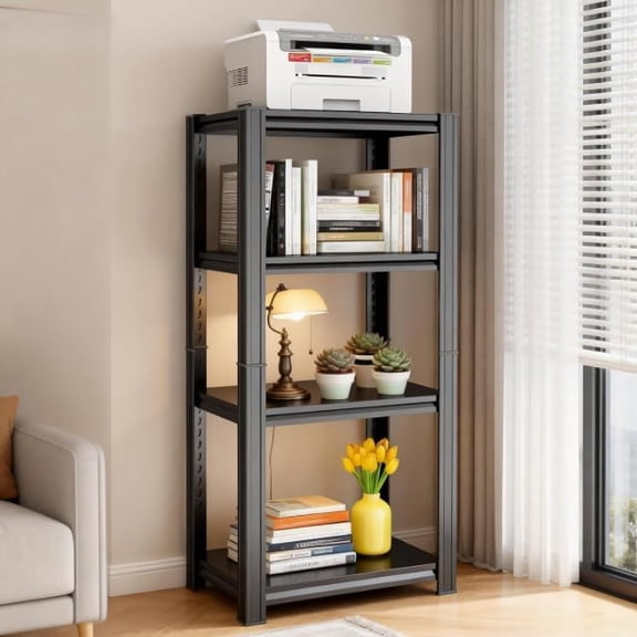 Metal Bookshelf for Living Room, Multifunctional Storage Unit - Open Display Shelves with Stable Structure for Home Office Bedroom, 1200LBS Ideal for Organization Storage Rack, 4-Tier 16"W Black
