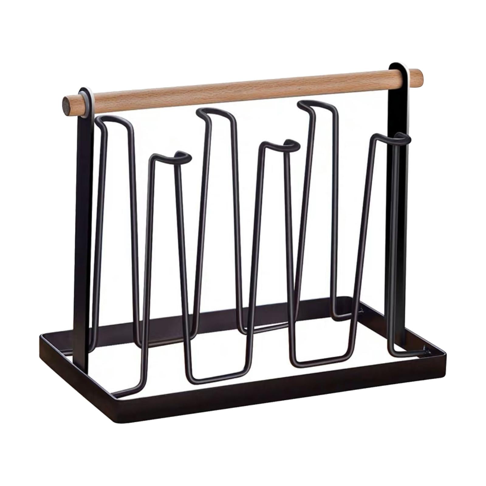 Metal Bottle Drying Rack Water Bottle Drying Drainer Rack Wooden Handle Household Draining Cup Storage Rack Holder for Kitchen Bottles Cups Black