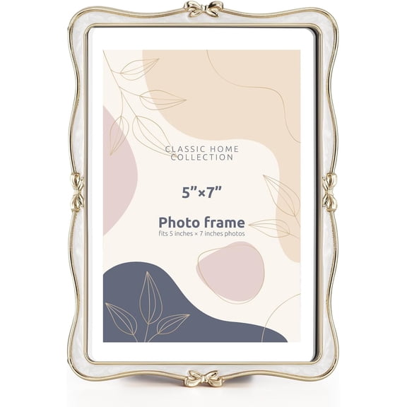 Metal Bow Picture Frame 5x7 Photo Frames with High Definition Glass Front Gift Ideas Tabletop Home Decorative, Gold & White
