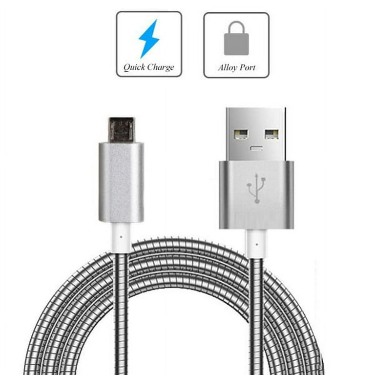 Metal Braided USB Cable Charger Power Sync Wire Micro-USB Data Cord  [Silver] [Fast Charge Support] 3G for LG Fortune, G Flex 2 Stylo Vista 2 G2  G3