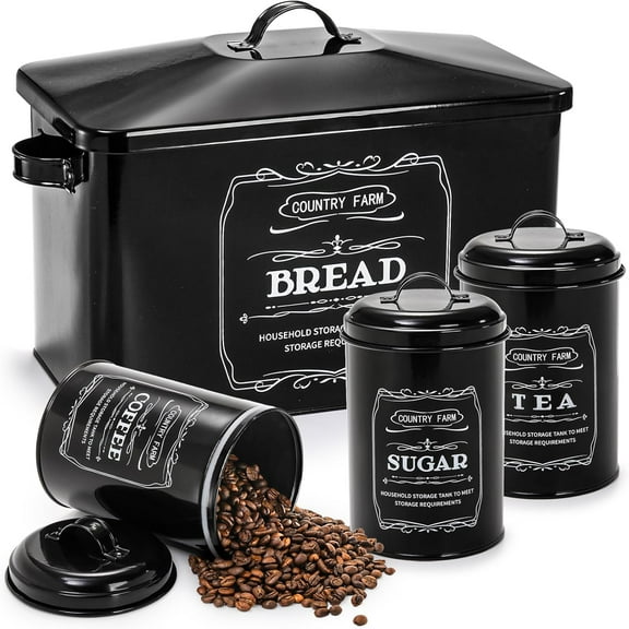Metal Bread Box with 3 Kitchen Canisters Set, Large Black Farmhouse Tin for Countertop, Coffee Tea Sugar Canister Airtight Lid Pantry Organizer Home Storage