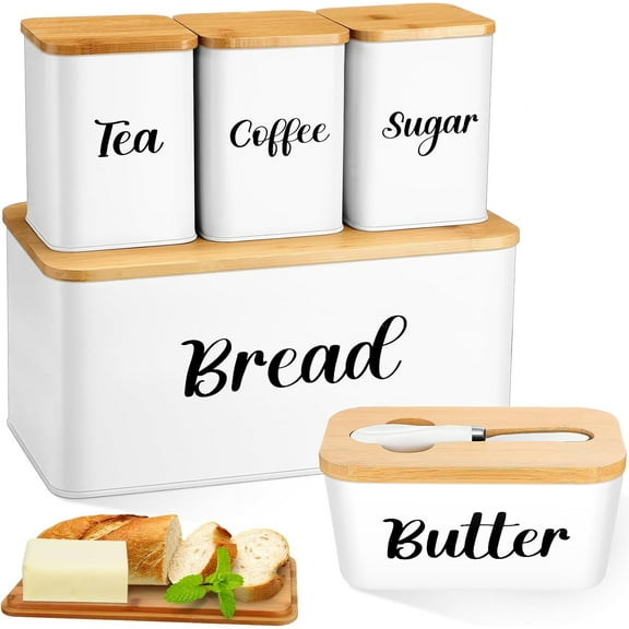Metal Bread Box and Ceramic Butter Dish with 3 Airtight Kitchen Canisters Farmhouse Storage Canister Set for Kitchen with Bamboo Cutting Board Lid and Stainless Steel Butter Knife(White)