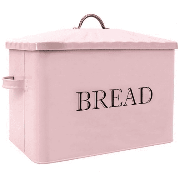 Metal Bread Box - Kitchen Countertop Pink Bread Storage Bin with Lid and hands, Large Capacity Farmhouse Bread keeper Food Storage Container
