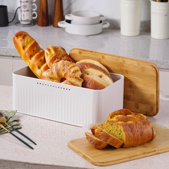 Metal Bread Box with Wooden Lid, Kitchen Countertop Bread Storage Container, Dustproof Bread Bin, Large Capacity Food Organizer for Bakery, Farmhouse Style