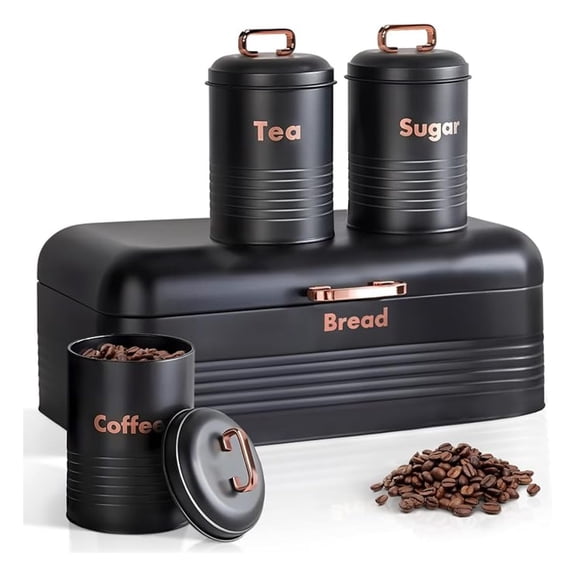 Metal Bread Box with Canister Set - Black Kitchen Countertop Storage - Coffee, Tea, Sugar Containers - Vintage Style Bread Keeper