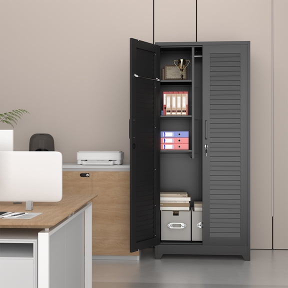 Metal Broom Closet, Garage Storage Cabinet, Tool Chest Bathroom Cabinet with Locking Doors, Tall Utility Cabinet with Hanging Rod, Freestanding Storage Cabinet for Cleaning Supplies