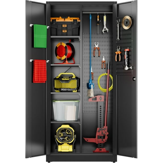 Metal Broom Closet Storage Cabinet, Garage Storage Cabinet with 5 Pegboard, Hanging Rod &13 Hooks for Garage Home,Black,Required Assembly,71.5" H x 31.5" W x 15.75" D