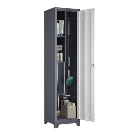 Metal Broom Storage Cabinet, Narrow Cabinet with Hooks, 65" Slim Bathroom Storage Cabinet with Shelves, Heavy-Duty Cleaning Storage Cabinet for Utility Room, Gym, Office, Garage