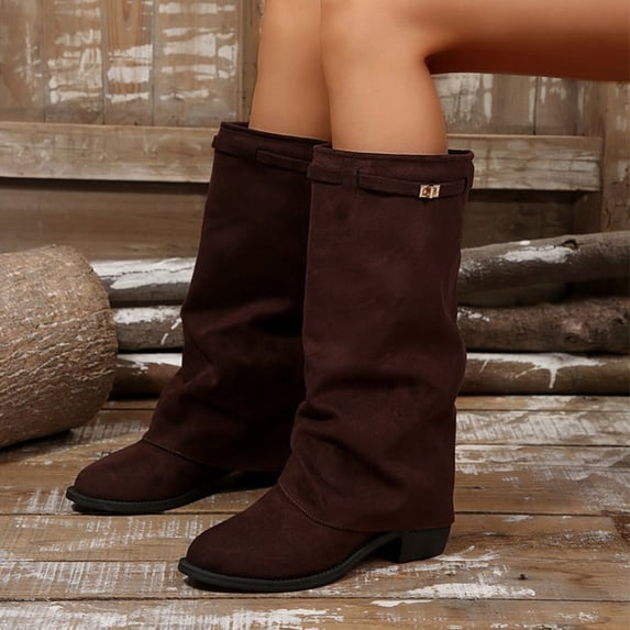 Metal Buckle Boots,Knee High Boots for Women - Tall Dress Boots with Metal Buckle, Pointed Toe Knee Boots, Chunky Block Heel and Wide Straight Shaft Fashion Boots, Casual Footwear for Winter