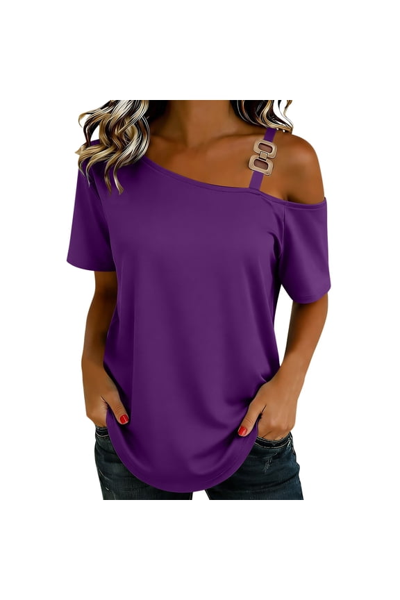 Metal Buckle One-Shoulder Short Sleeve Casual Top for Women Solid Color Spring Summer Blouse for Daily Wear S-3XL Plus Size