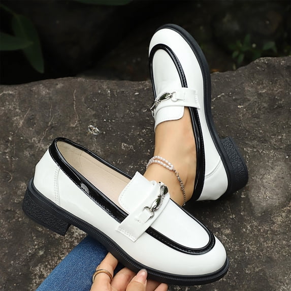 Metal Buckle Slip On Dress Shoes, Women's Patent Leather Chunky Heel Loafers Fashion Metal Buckle Comfort Round Toe Anti-Slip Lug Sole Platform Slip On Penny Loafers Work Dress Shoes, White 5.5