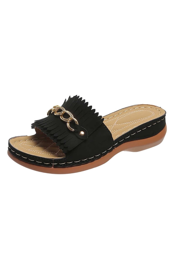 Metal Buckle Thick Bottom Fringed Beach Slippers Women's Orthopedic Wedge Sandals