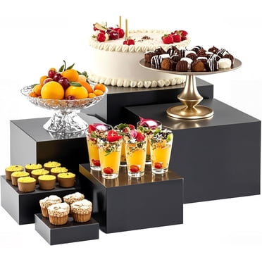 Buffet Risers With Mini Signs, Food Risers For Buffet Table, Display Stand For Catering Dessert, White Acrylic Cube Boxes Nesting Risers With Hollow Bottoms (White, 2 Set (6", 6.5", 7", 8