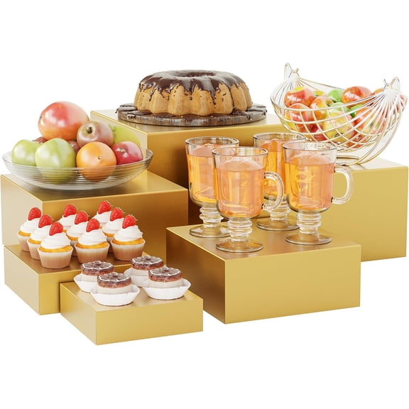 Metal Buffet Risers,6PCS Food Risers for Buffet Table 5in to 10in Display Stand for Catering Dessert Gold Cube Boxes Nesting Risers with Hollow Bottoms