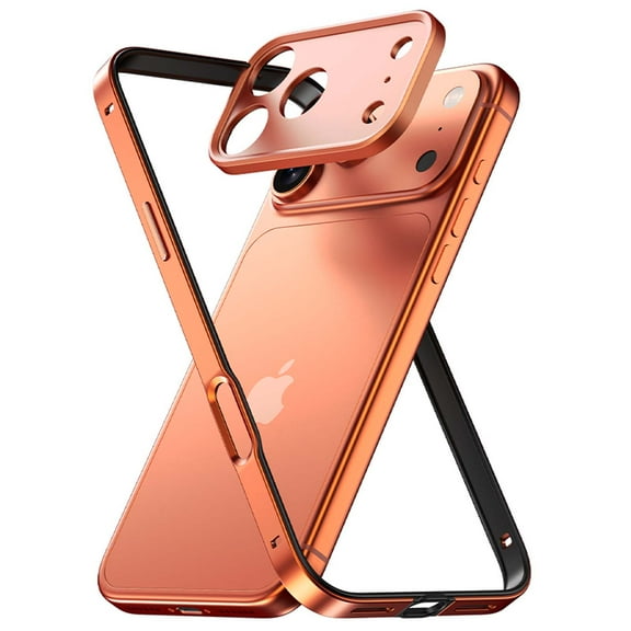 Metal Bumper Phone Case For iPhone 17 Pro Max,With Camear Lens Protector,Metal Frame with Soft Inner Bumper,Ultra Slim No Back Design,Metal Bumper Frame Slim Hard Rugged Phone Case,Orange