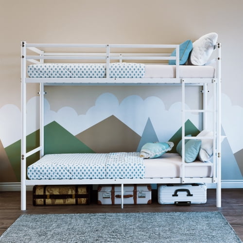 Metal Bunk Bed,14.29-Inch High Safety Rails, 19 Crossbars per Bunk, Under-Bed Storage, for Kids, Teens & Adults, White
