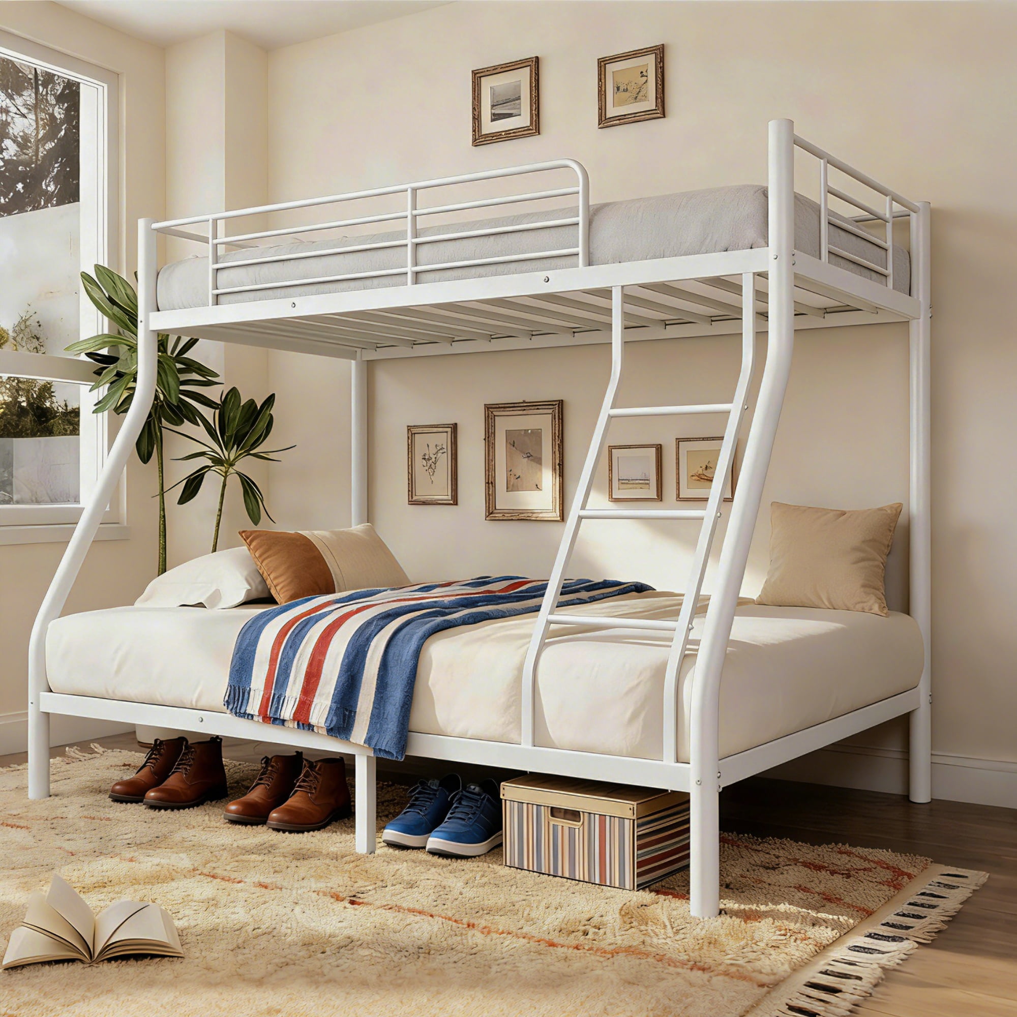 Metal Bunk Bed(500LBS), Twin Over Full Size with Guardrail & Ladder, Sturdy Steel Frame for Adults, Teens, Kids, Space Saving, Easy to Assemble, No Box Spring Required, White