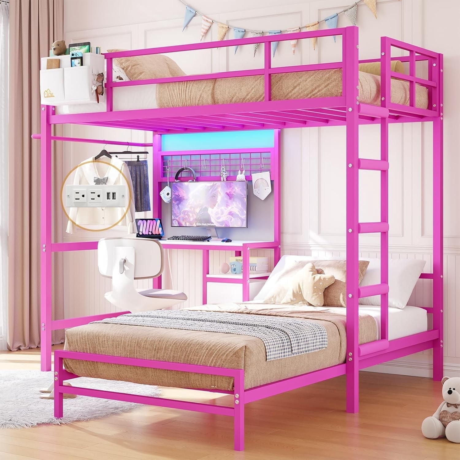 Queen Over Twin XL Metal Bunk Bed with Desk and Sofa Conversion - LED and USB Black