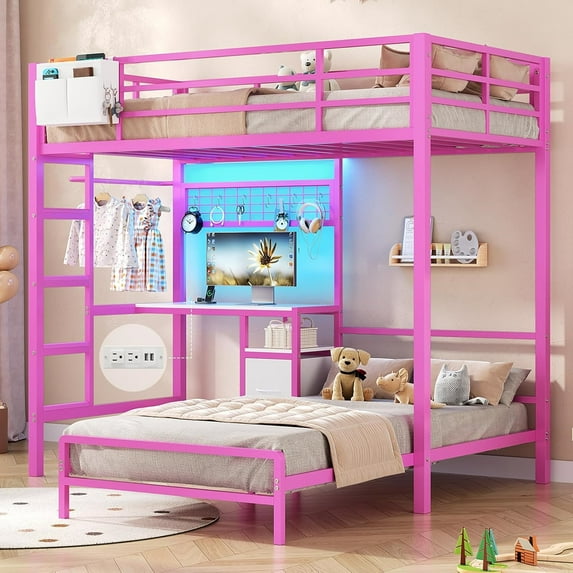 Mabor Bunk Bed Twin Over Twin Size with Desk Metal Bunk Bed Frame with LED Lights & Charging Station, Twin Loft Bed with Storage Shelves and Drawers, Safety Guardrail and Ladder, Pink