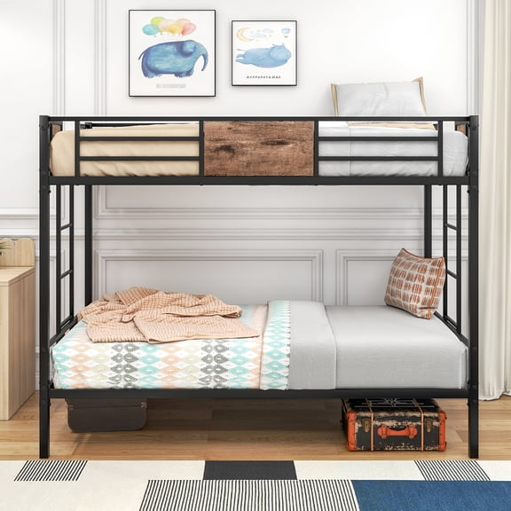 Metal Bunk Bed For Twin Over - Strong, Silent, Black Finish, No Box Spring, Easy Build With Access