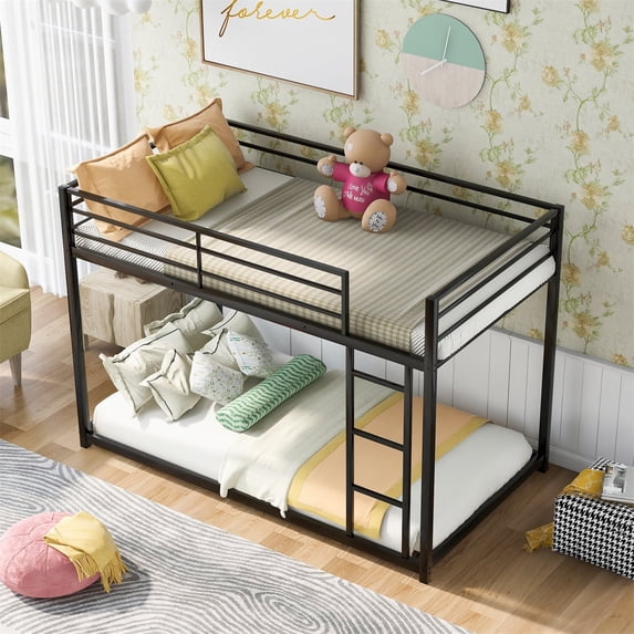 Metal Bunk Bed Frame, Twin over Twin Bunk Bed Low Floor Bunk Bed Frame with Ladder and Safety Guardrails, No Box Spring Needed, Bedroom Guest Room Furniture, Black