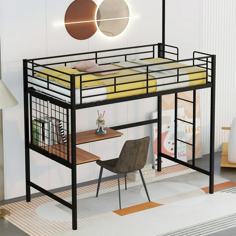 Metal Bunk Bed Frame, Twin Size Loft Bed with Desk and Metal Grid 