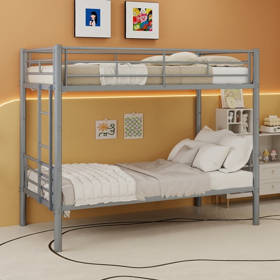 Metal Bunk Bed Frame, Twin Over Twin Convertible Bunk Bed with Ladder & Full Guardrail, Heavy Duty Steel Bed Frame, No Box Spring Needed for Home Bedroom Use