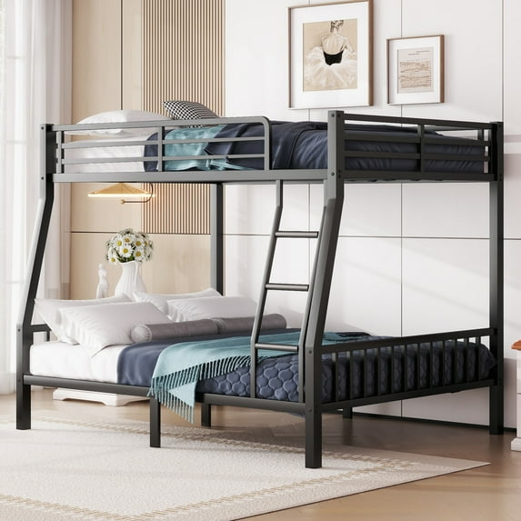 Metal Bunk Bed Full XL Over Queen, Metal Bunk Bed with Ladder, Full-Length Guardrail and Slats Support, No Box Spring Needed, Black