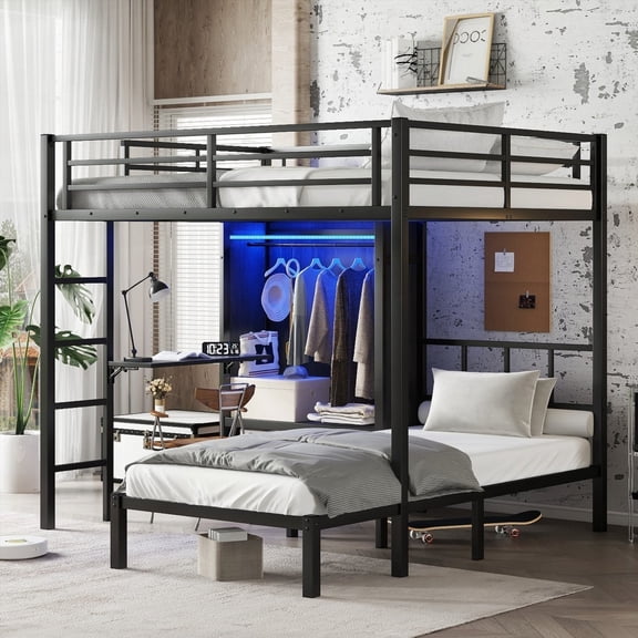 Metal Bunk Bed - Full XL Over Twin, Folding Desk & LED Closet, Space-Saving, Black