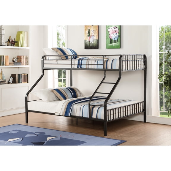 Metal Bunk Bed In Gunmetal Hue, Twin Xl/queen Options, Slat Construction, Front , Guardrail, 330lbs Capacity For Each Flat Spot Finish Xl/queen, Support System, Rf Per