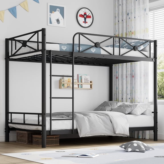 Metal Bunk Bed, Industrial Bunkbeds Heavy Duty Bed Twin Over Twin, with Safety Guard Rails and Space-Saving Design, Steel Bed for School, Bedroom, , Black