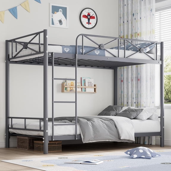 Metal Bunk Bed, Industrial Bunkbeds Heavy Duty Bed Twin Over Twin, with Safety Guard Rails and Space-Saving Design, Steel Bed for School, Bedroom, , Gray