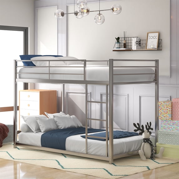 Metal Bunk Bed with Ladder and Full-Length Guardrail, Twin over Twin Bunk Bed Frame Heavy Duty Low Bunk Bed with Under Bed Storage Suitable for Teens Adults, Space-Saving No Box Spring Needed, Silver