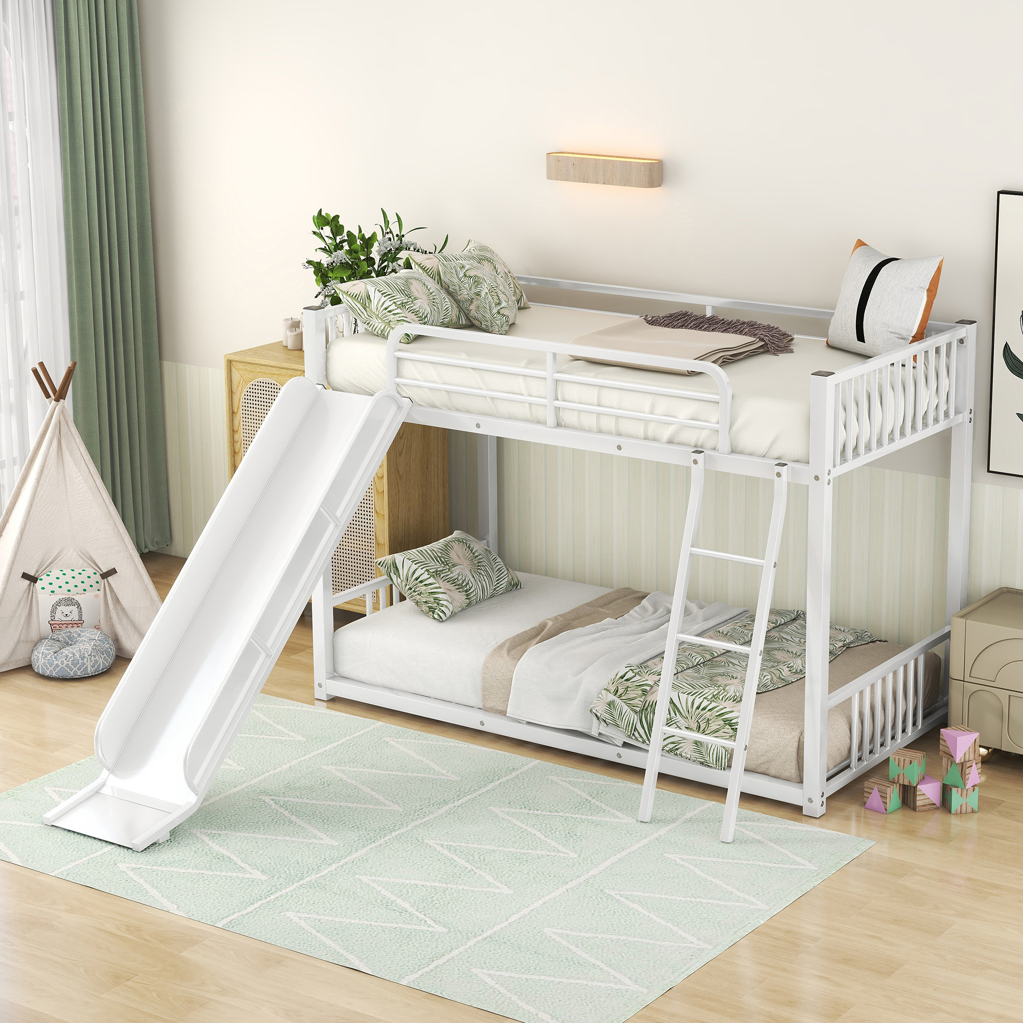 Metal Bunk Bed with Slide,Twin over Twin Bunk Bed with FullLength