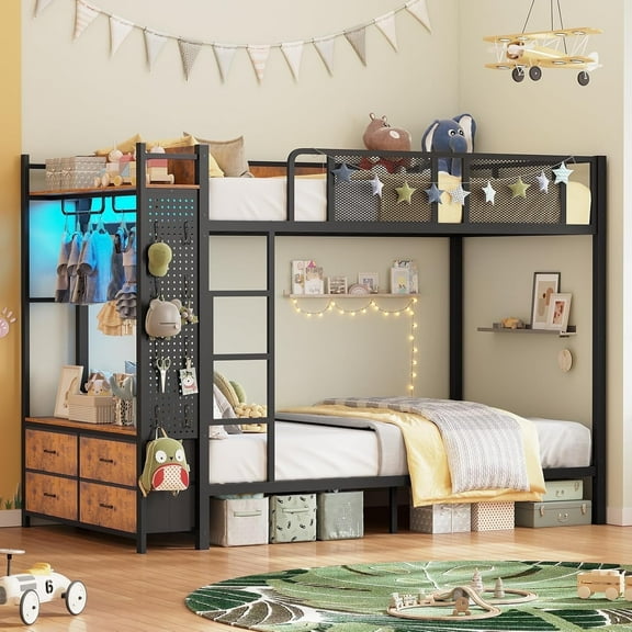 Itaar Metal Bunk Bed with Storage and Wardrobe, Loft Bed with Charging Station, Pegboard, Open Shelf and Drawers, Saving Space, Safety Guard & Ladder, No Box Spring Needed, Rustic Brown