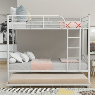 Metal Bunk Bed with Trundle, Twin Over Twin Metal Bunk Bed Frame with Full-Length Guardrail and Ladder, Heavy Duty Bunk Bed, Can Be Divided into Two Beds, Noise Free, No Box Spring Needed, White