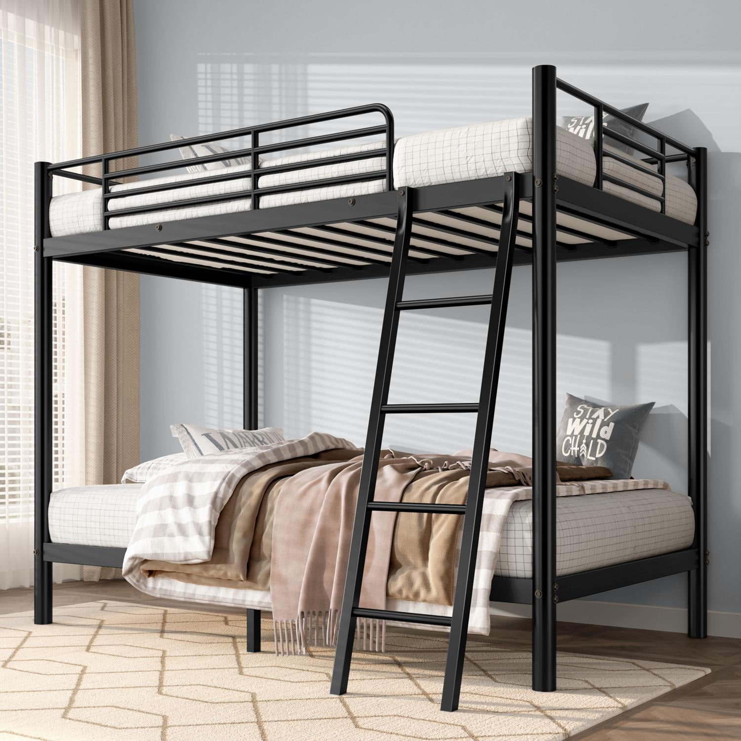 Metal Bunk Bed, Twin Bunk Bed, Twin Over Twin&nbsp;Platform Bed with Guardrails, Sturdy Construction No Box Spring Required, for Kids Children Room, Black, 75 Inch
