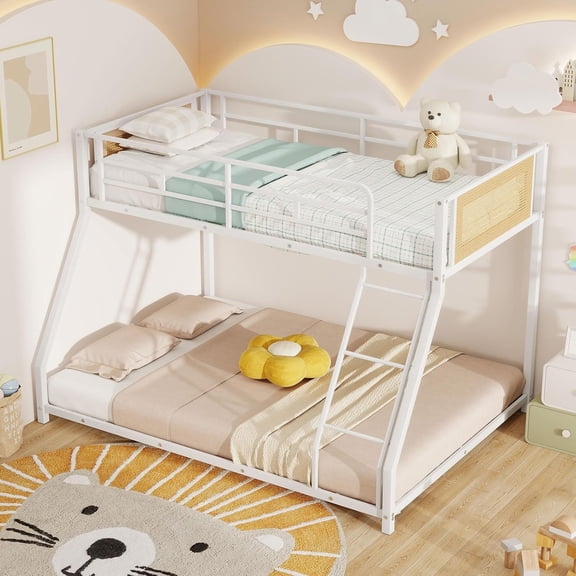 Metal Bunk Bed Twin Over Full, Low Profile Boho Rattan Bunk Bed with Full Length Safety Guardrail & Ramp Ladder, Metal Slats Support No Box Spring Needed, Metal Twin Over Full Bed (White)