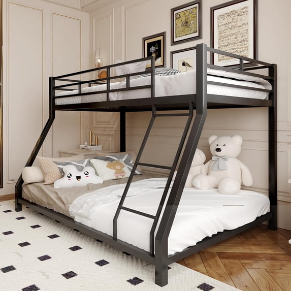 Metal Bunk Bed Twin Over Full Size, Heavy Duty Bunk Beds with Safety Ladder & Guardrail for Adults Teens, Space-Saving Low Bunkbed Frame for Dorm, Bedroom, Apartment (Black, Twin & Full-01)