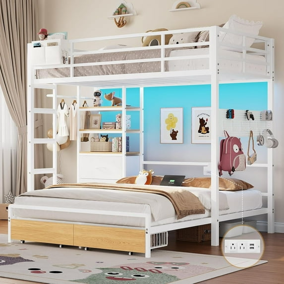 Metal Bunk Bed Twin Over Full Size with LED Lights and Charging Station, Twin Size Loft Bed with 4 Storage Drawers and 3-Tier Open Bookshelf, Modern Bunk Beds with Pegboard and Ladder, White