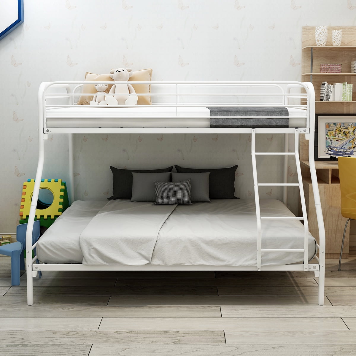 Metal Bunk Bed Twin Over Full, Heavy Duty Bed Frame with Safety Guard ...