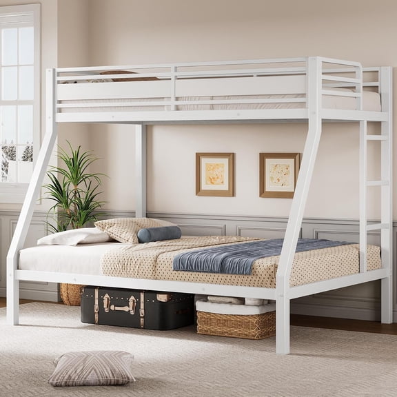 Metal Bunk Bed Twin Over Full for Adults & s, Industrial Bunkbeds Heavy Duty Bed with Safety Guardrail & Ladders,White