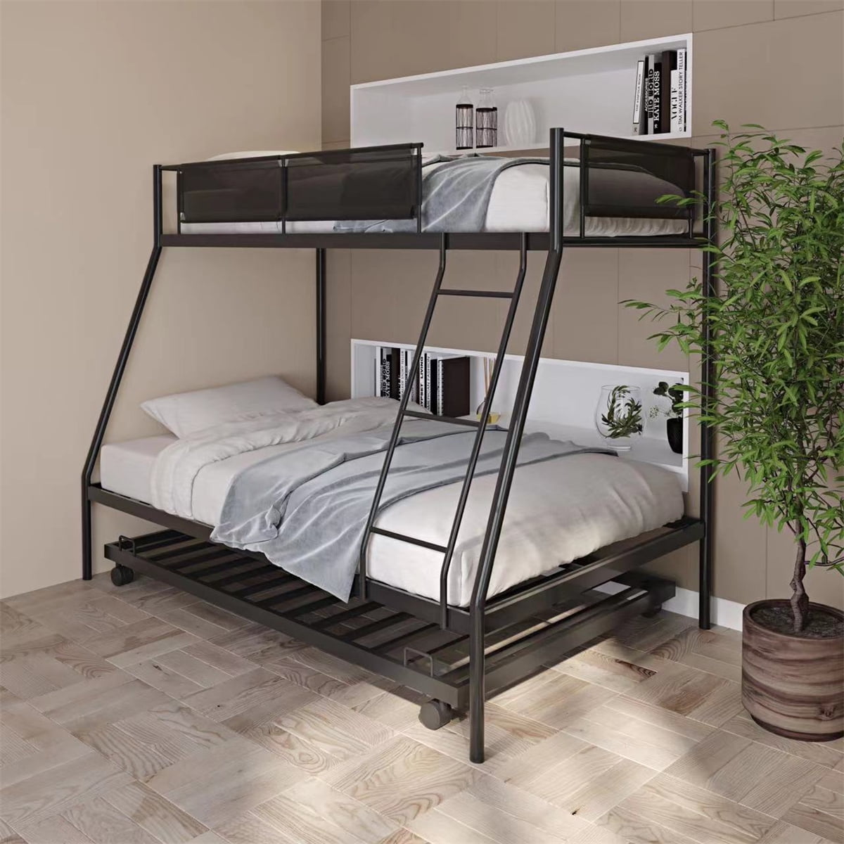 Metal Bunk Bed Twin Over Full with Trundle, Heavy Duty Bunk Beds with ...