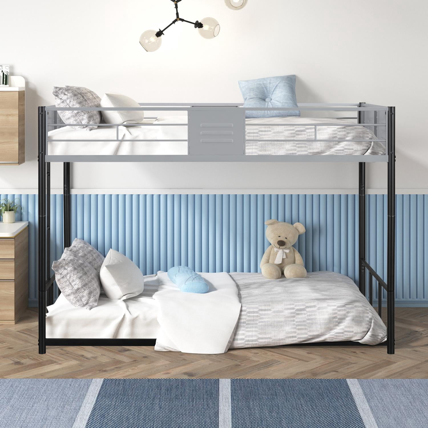 Metal Bunk Bed, Twin Over Twin Bunk Bed, Heavy Duty Bunk Bed with Vent Board and Full Length Guardrail, Black, Noise Reduced