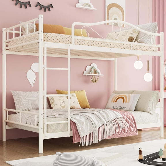 Metal Bunk Bed Twin Over Twin, Bunkbeds Frame with Safety Guard Rails, Steel Bed for School, Bedroom Space-Saving, Beige