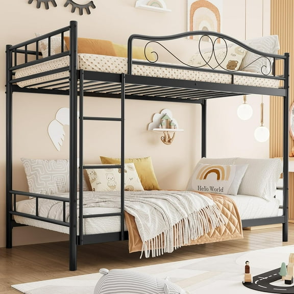 Metal Bunk Bed Twin Over Twin, Bunkbeds Frame with Safety Guard Rails, Steel Bed for School, Bedroom Space-Saving, Black